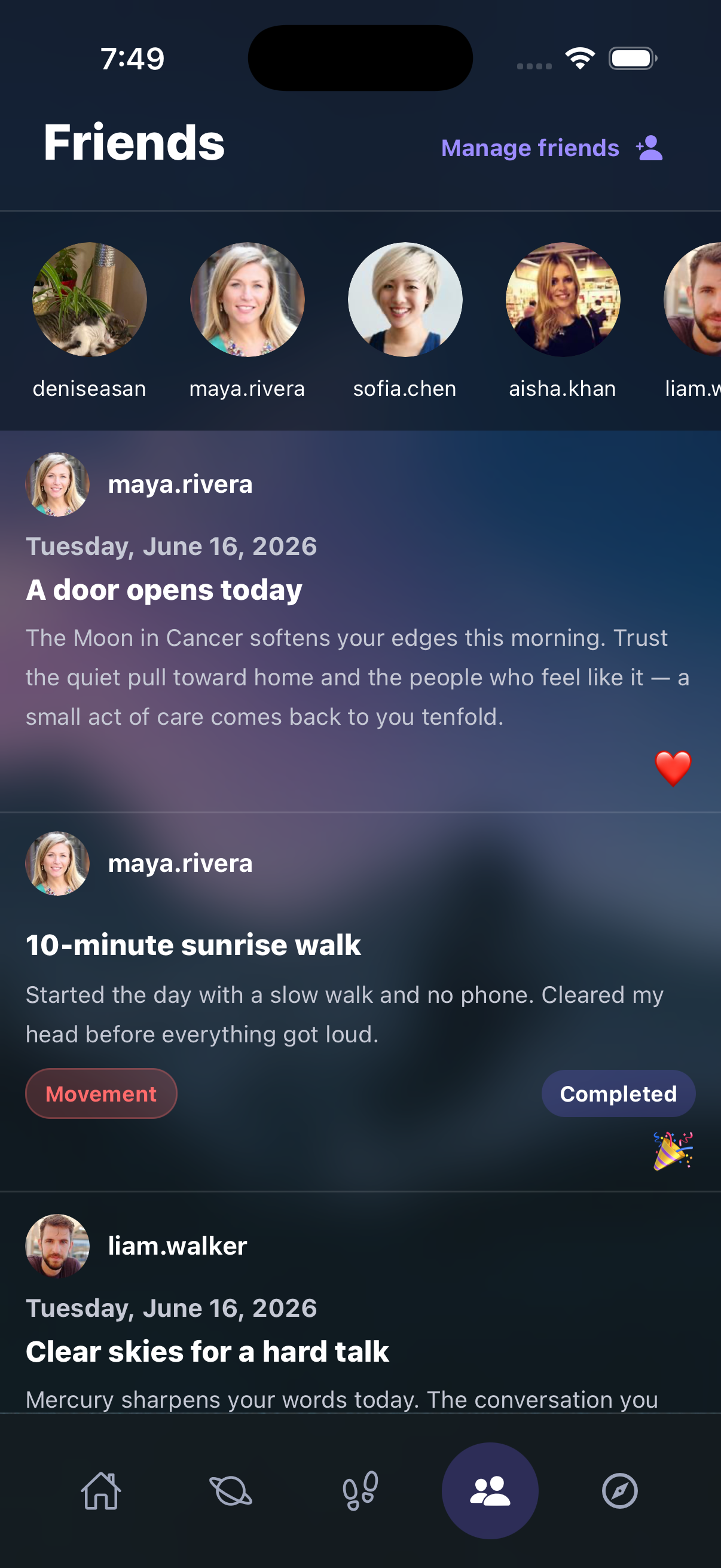 Sidera Path friends feed with supportive emoji reactions