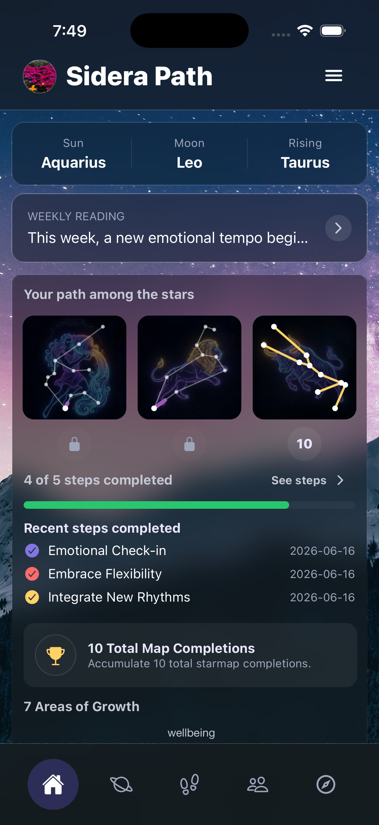 Sidera Path home screen showing your Sun, Moon and Rising signs with the weekly reading