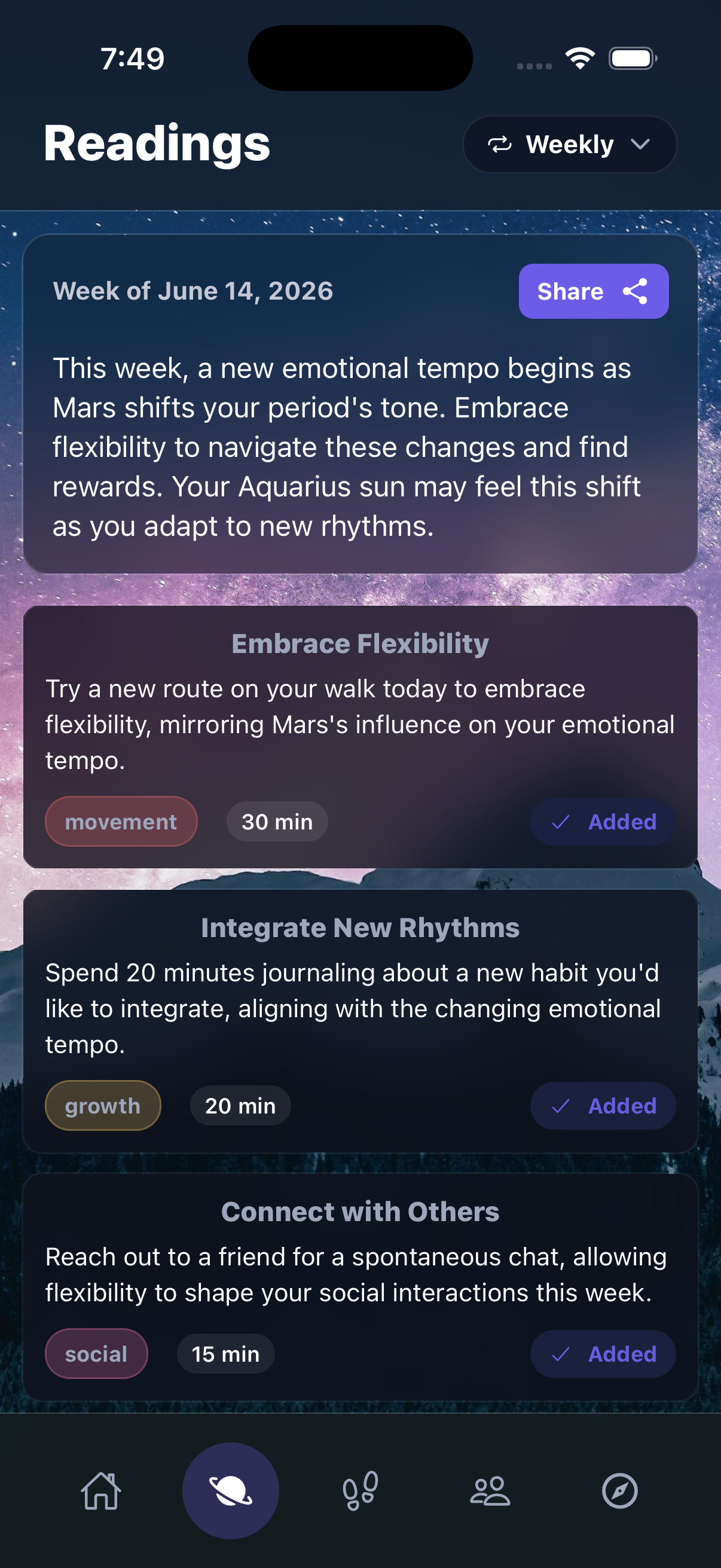 Sidera Path readings screen turning a weekly reading into small, tagged actions